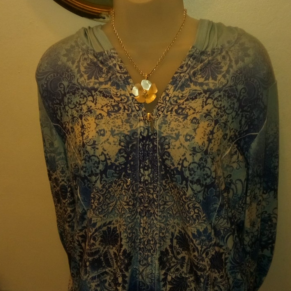 🥰💥🆑 NWT 🆕Como Vintage Lovely Blue Patterned Zippered Hoodie NWT - Picture 2 of 9